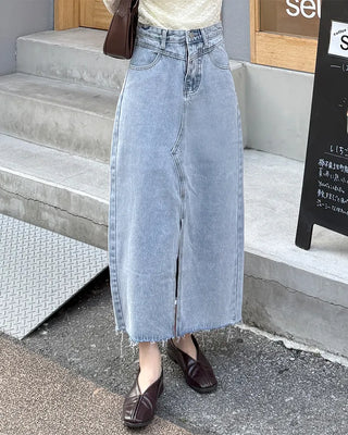 Front slit slim fit denim long skirt