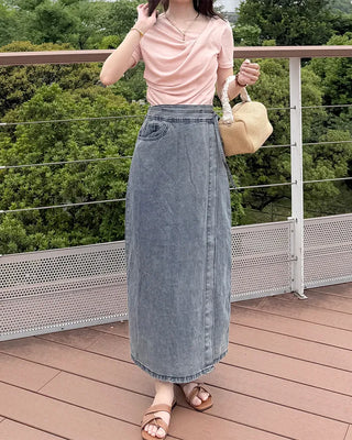 Wrap long denim skirt