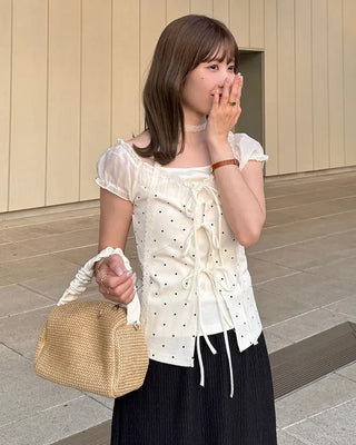Dot pattern layered blouse with string