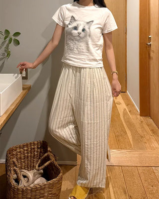 Cat print short-sleeved T-shirt