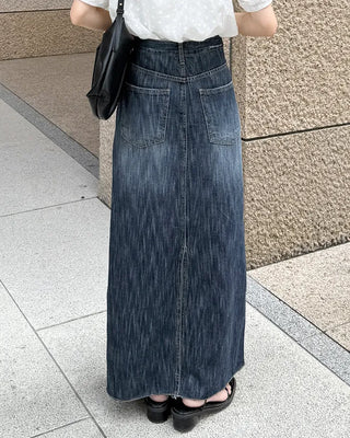 Washed denim long skirt