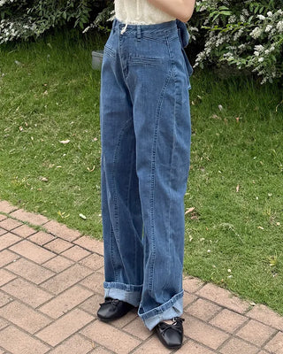 Back ribbon frill denim pants