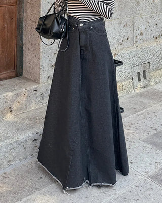 Flared long denim skirt