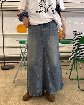 Slit maxi denim skirt