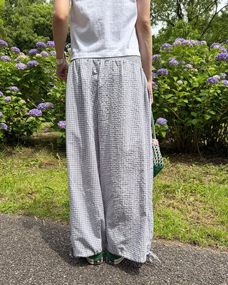 Shirred wide-waist gingham check pants