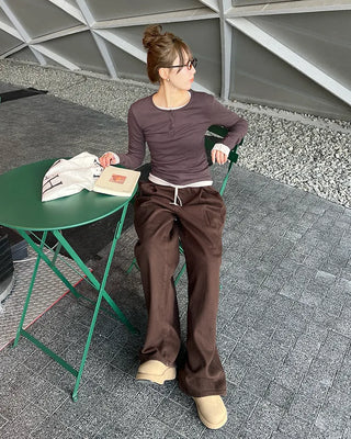 Half-open neck slim-fit layered t-shirt