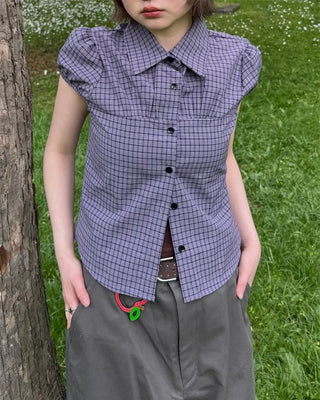 Puff-sleeve checkered blouse