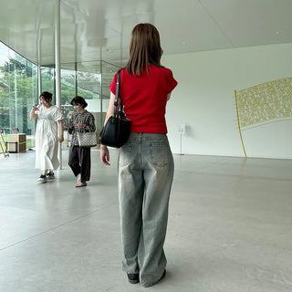Gray wash denim wide pants