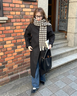 High-neck belted long coat
