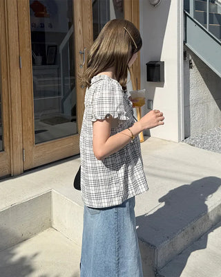Front Ribbon Check Puff Sleeve Top