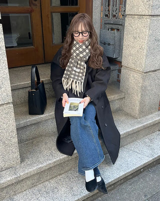 High-neck belted long coat