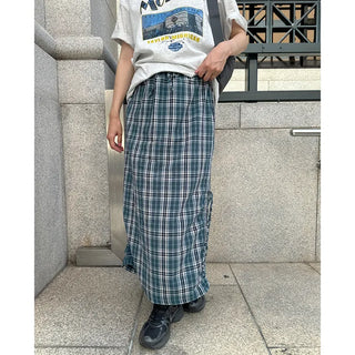 Checked ribbon strap long skirt