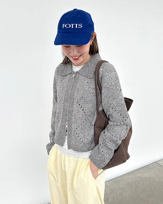 Perforated Collar Knit Zip-Up