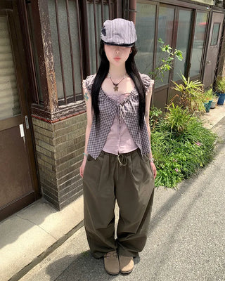 Checked layered off-shoulder blouse