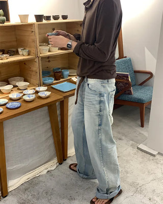 Washed denim pants with double back pockets