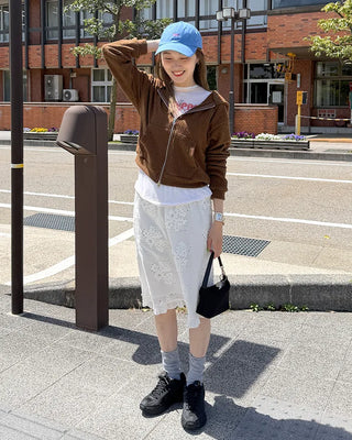 Rib-knit semi-cropped double-zip hoodie