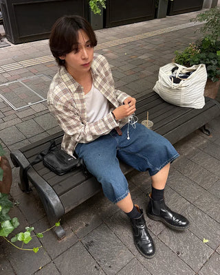 Oversized seersucker check long-sleeved shirt