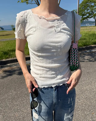 Flower Sheer Scallop Short Sleeve T-Shirt