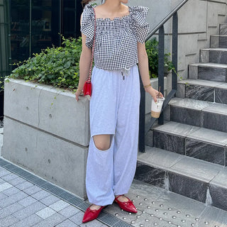 Gingham check frill blouse