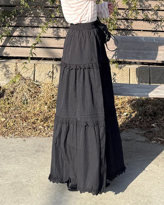 Lace tiered flared long skirt