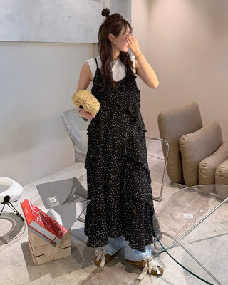 Wrinkle Dot Frill Long Dress