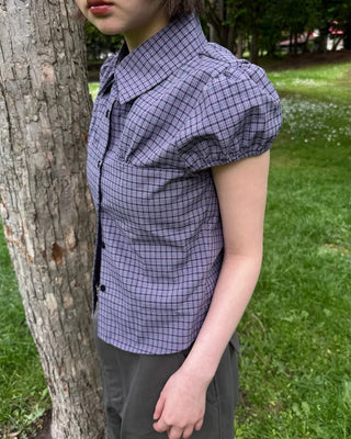 Puff-sleeve checkered blouse