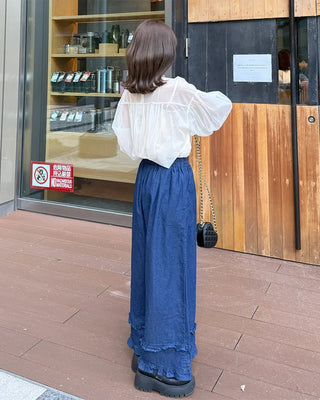 Frilled denim cotton wide-leg pants with elastic waistband