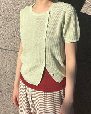 Asymmetrical Button Short Sleeve Knit