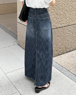 Washed denim long skirt
