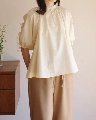 (ORIGINAL) Henley Neck Ribbon Balloon Blouse