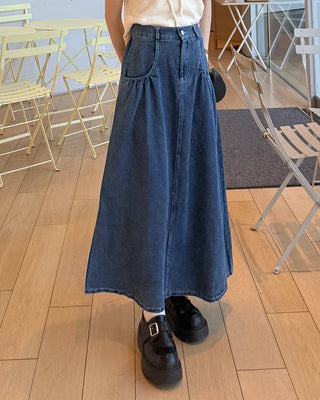 Elastic waist pocket midi denim skirt