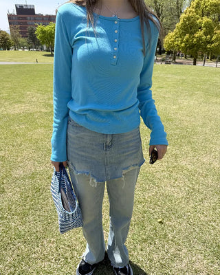 Henley neck long-sleeve T-shirt