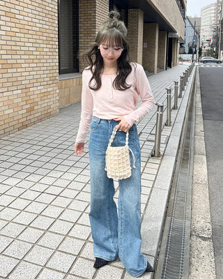 Half-open neck simple ribbed long-sleeve T-shirt