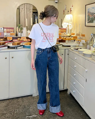 Rolled-up denim wide-leg pants