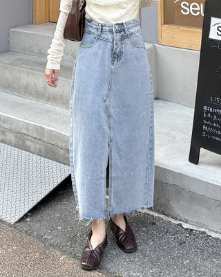 Front slit slim fit denim long skirt