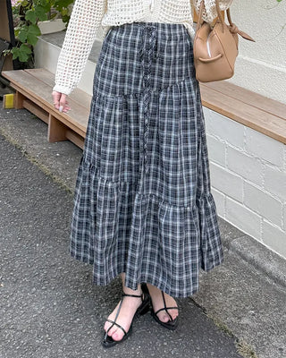 Checked banded long skirt