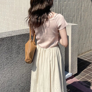 Asymmetrical Ribbon Short-Sleeve Knit