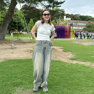 Gray wash denim wide pants