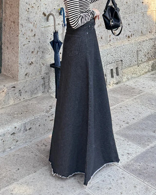 Flared long denim skirt