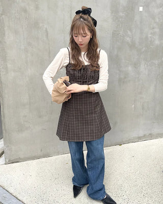 Shirred check sleeveless mini dress