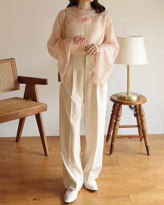 (ORIGINAL) Round Collar Button Sheer Blouse