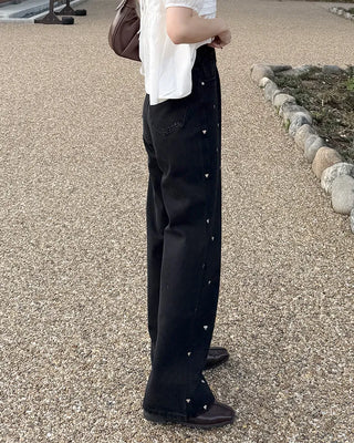 Heart-patterned denim pants