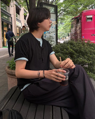 Henley neck simple short-sleeved T-shirt