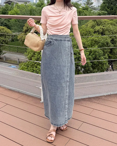 Wrap long denim skirt