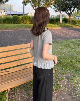 Checked ribbon frill short-sleeved T-shirt