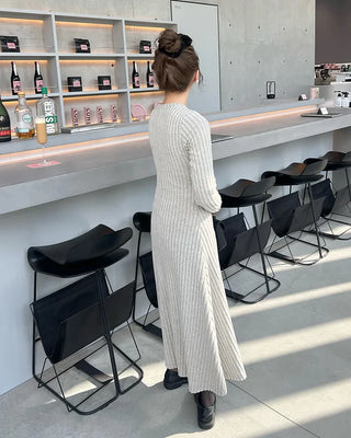 Button-detail ribbed long dress