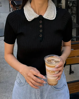Pearl-embellished color-accented short-sleeved knit