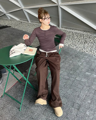 Half-open neck slim-fit layered t-shirt