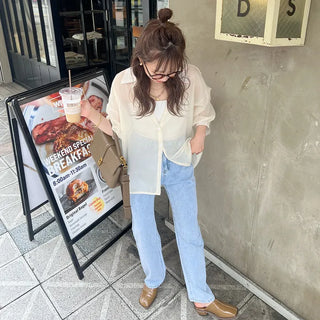 Drop-shoulder sheer shirt