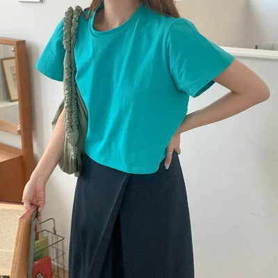 (6 colors) Summer Color Cropped Short-Sleeve T-Shirt
